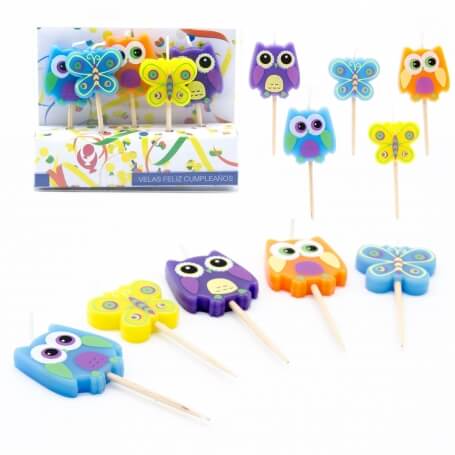 Pack de cinq bougies hiboux et papillons