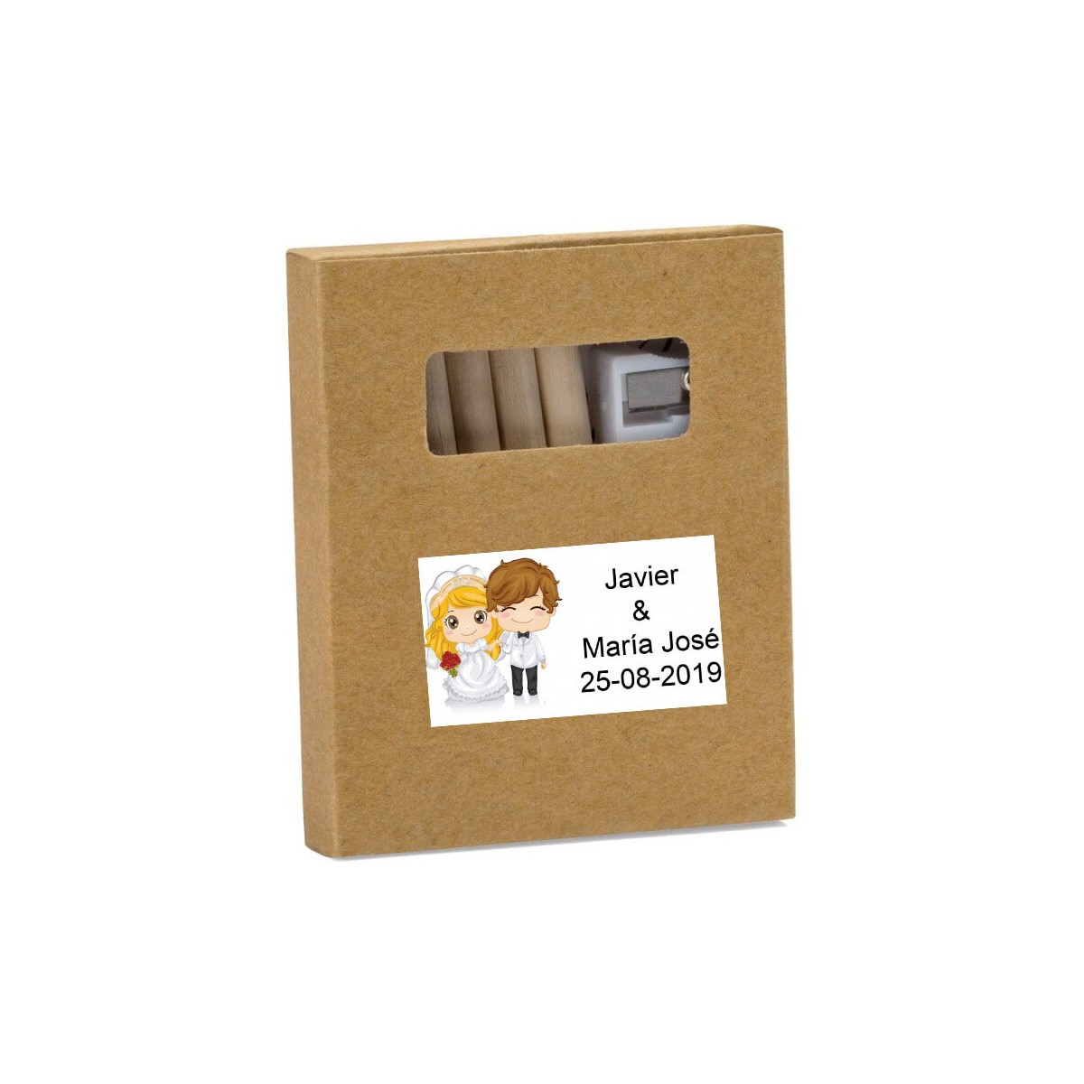 Crayons de couleur dans une boîte kraft personnalisée avec un autocollant de mariage avec noms et date