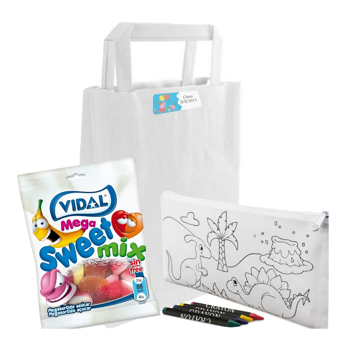 Étui à colorier et bonbons dans un sac personnalisé avec autocollant enfantin