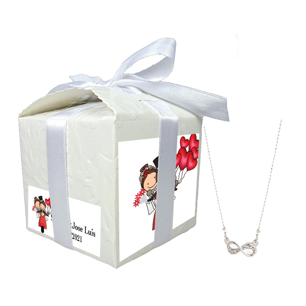 Pendentif infini dans une boîte personnalisée avec noms et date et autocollant de mariage