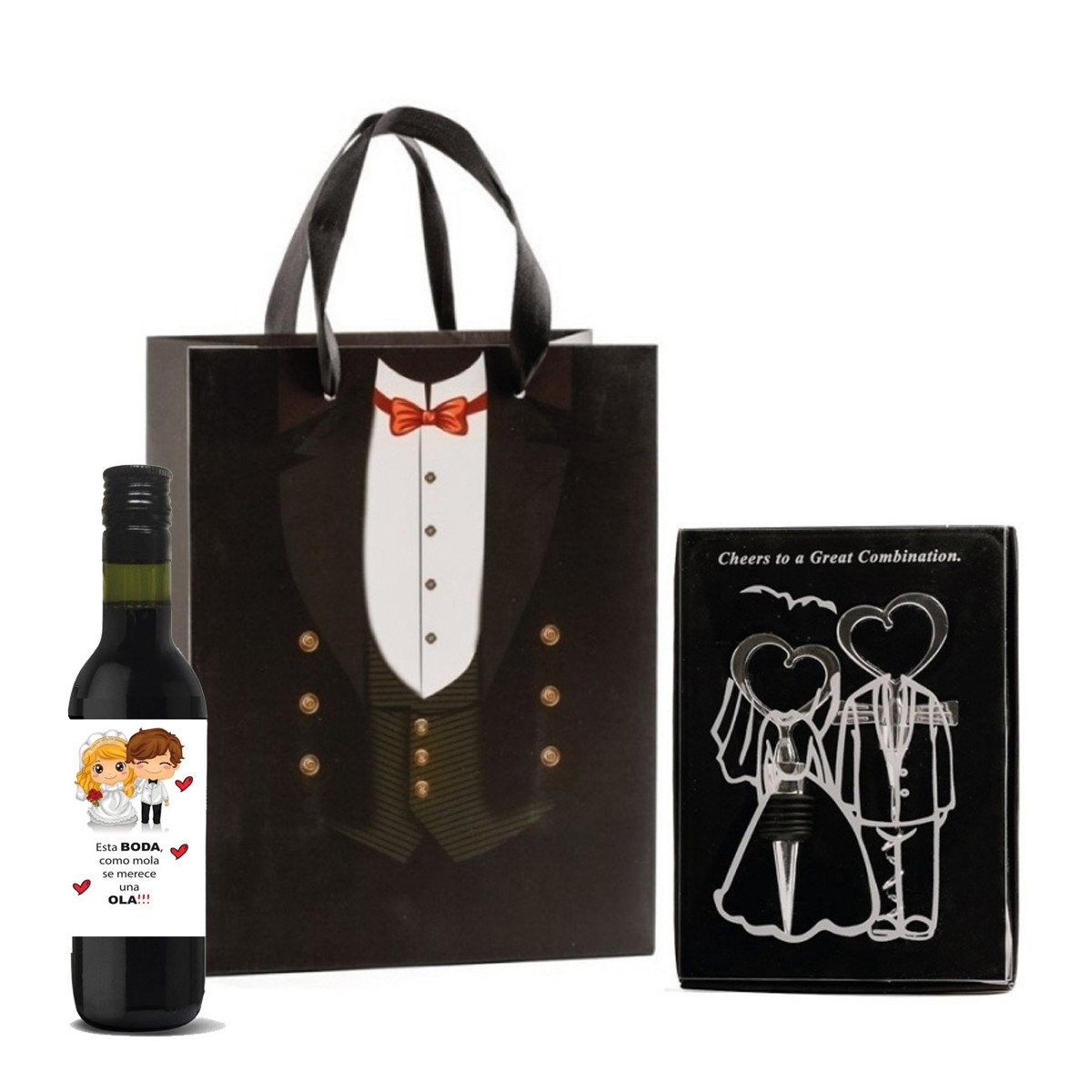 Set de bouchon et tire-bouchon avec petite bouteille de vin dans un sac en carton