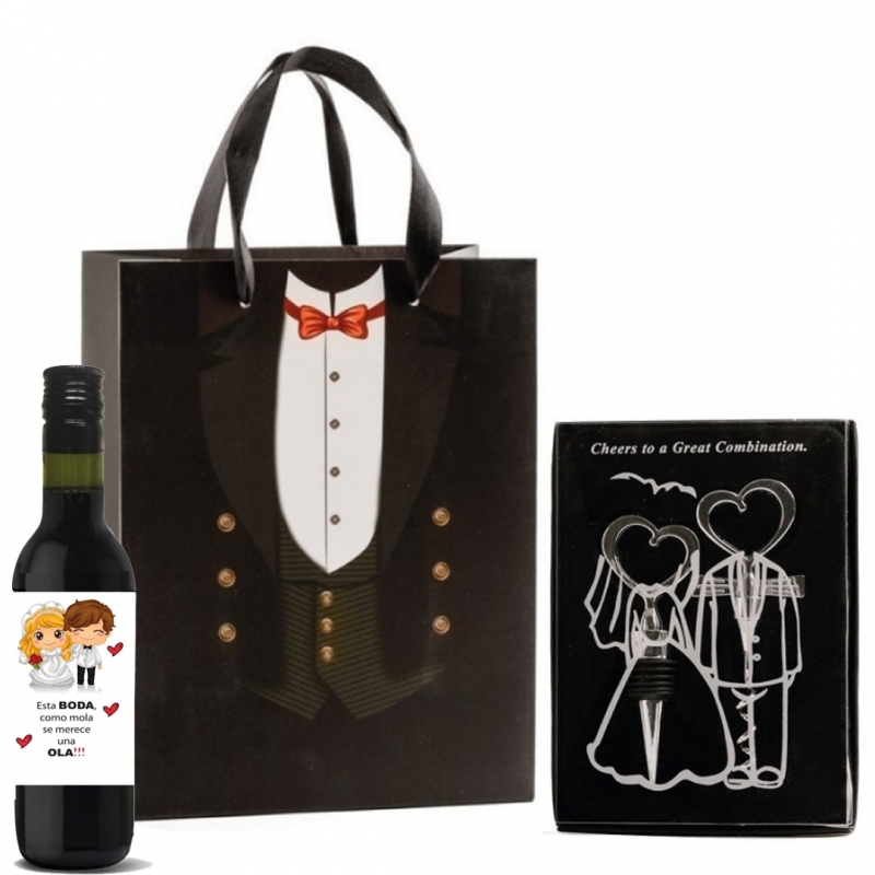 Set de bouchon et tire-bouchon avec petite bouteille de vin dans un sac en carton