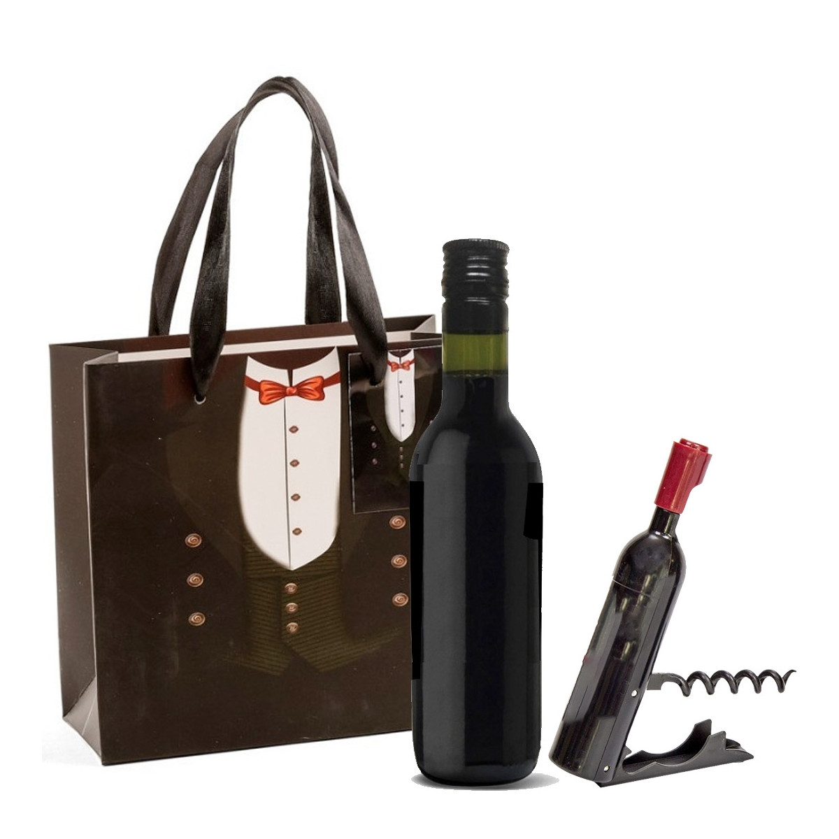 Cadeau de vin avec tire-bouchon dans un sac en carton