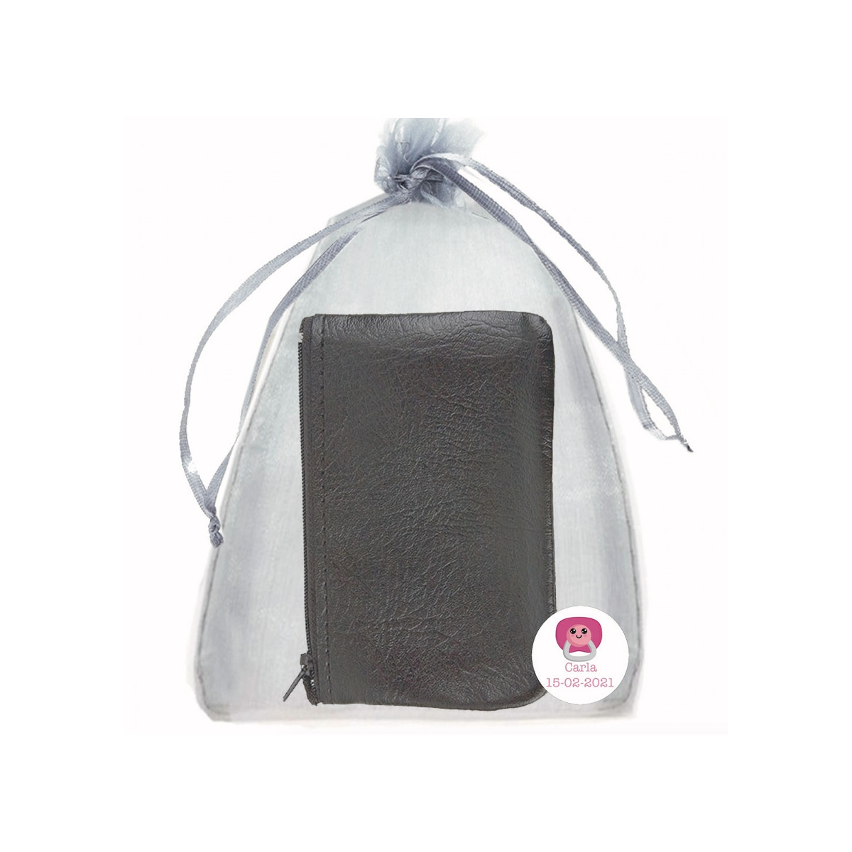 Portefeuille en simili cuir noir avec sac en organza et autocollant personnalisé Un détail élégant et pratique