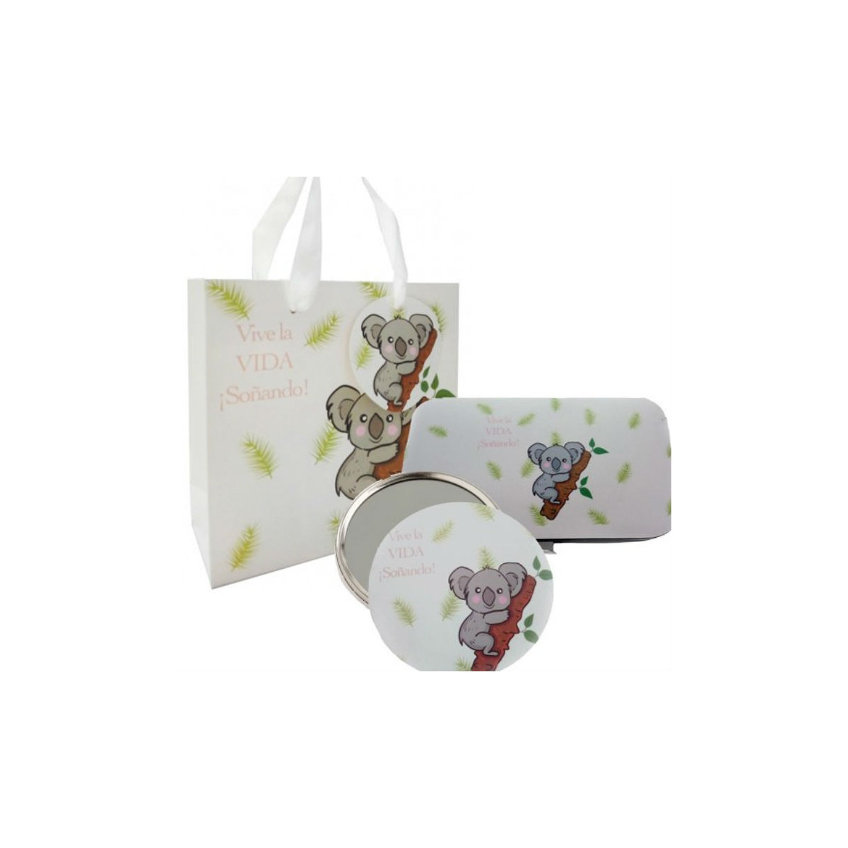 Set de manucure et miroir avec motif koala présenté dans un sac koala