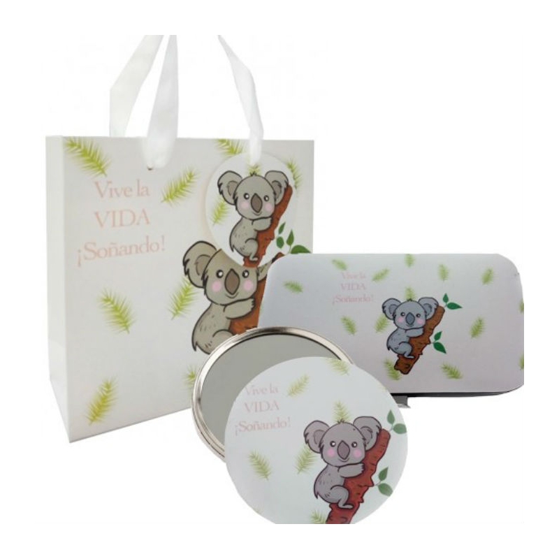Set de manucure et miroir avec motif koala présenté dans un sac koala