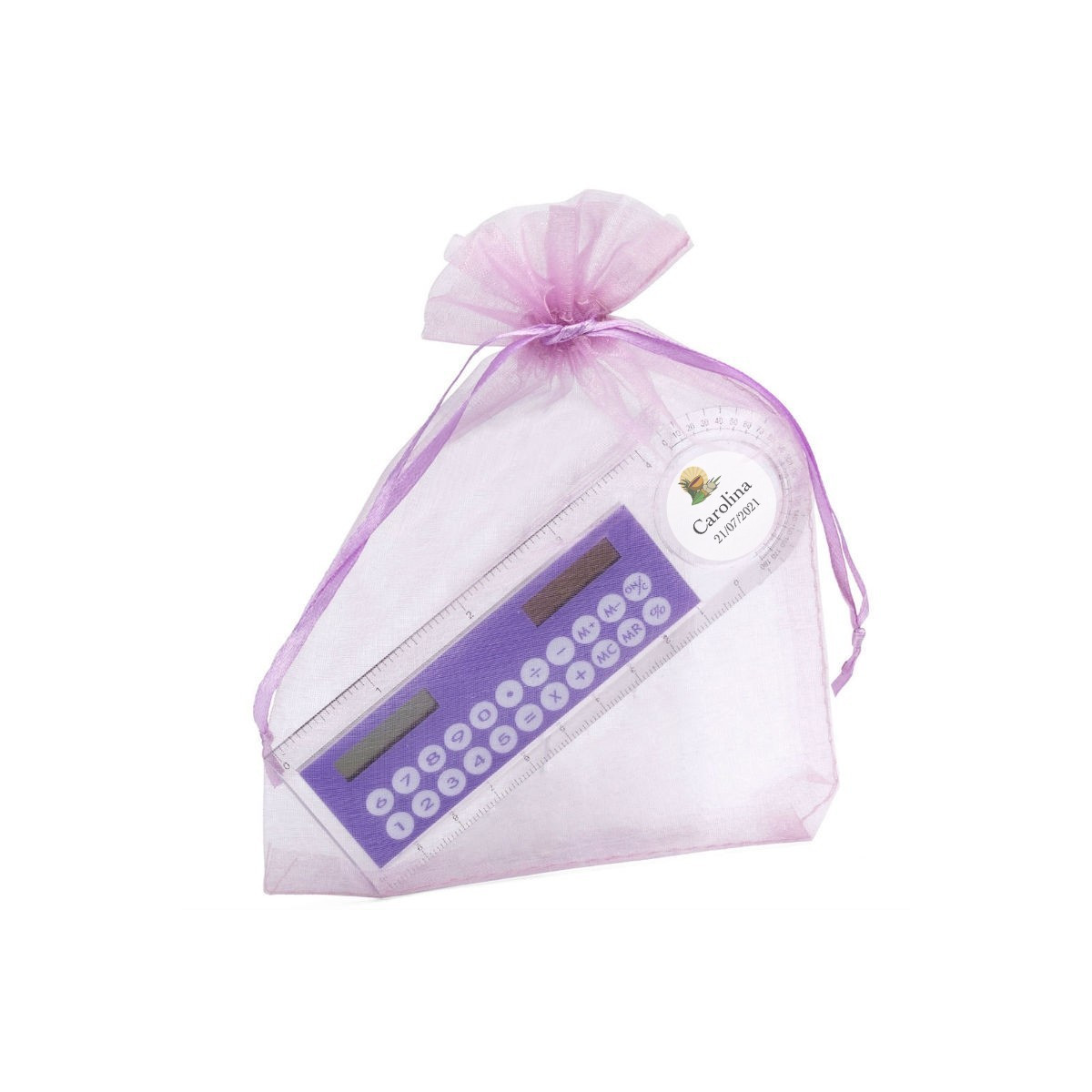 Calculatrice solaire personnalisée pour communion dans une pochette en organza