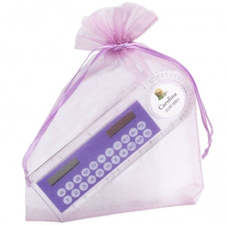 Calculatrice solaire personnalisée pour communion dans une pochette en organza