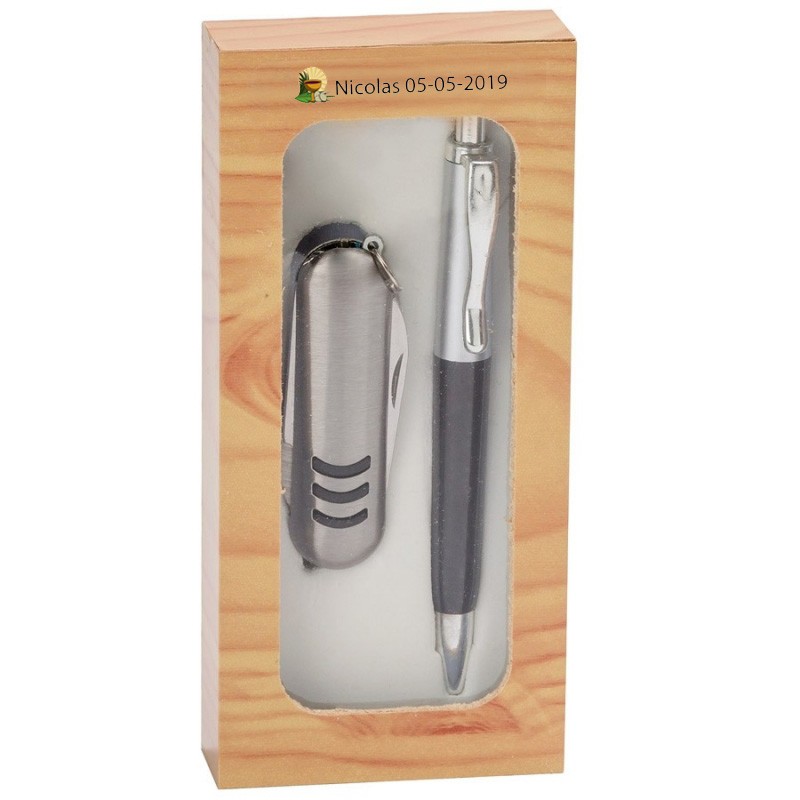 Détails pour la communion couteau et stylo dans une boîte en bois personnalisée