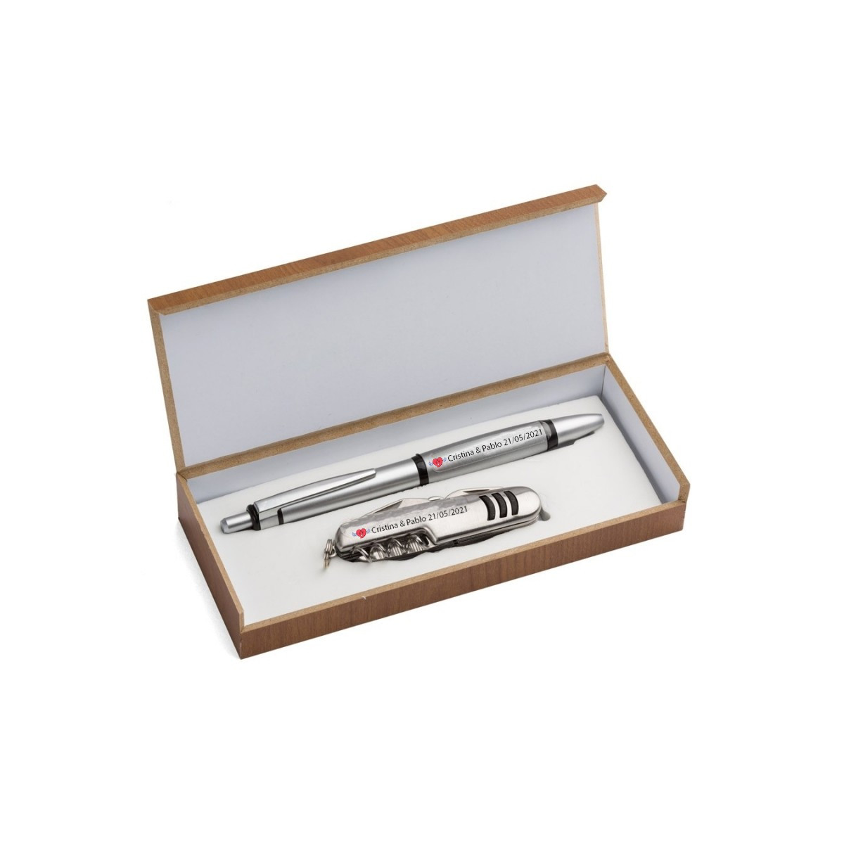 Coffret en bois avec couteau et stylo personnalisés pour mariage