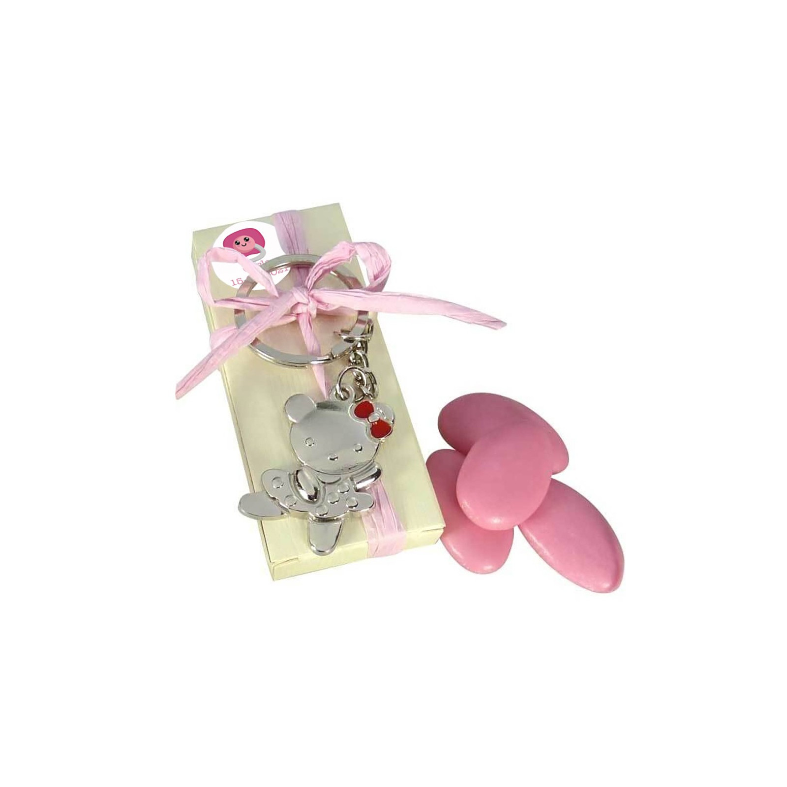 Porte-clés et boîte personnalisée avec des dragées pour des cadeaux de baptême
