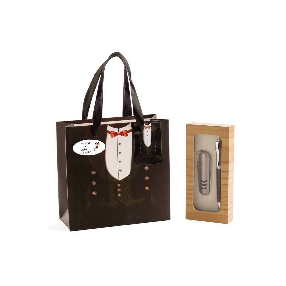 Couteau et stylo pour mariage présentés dans une boîte et un sac personnalisés