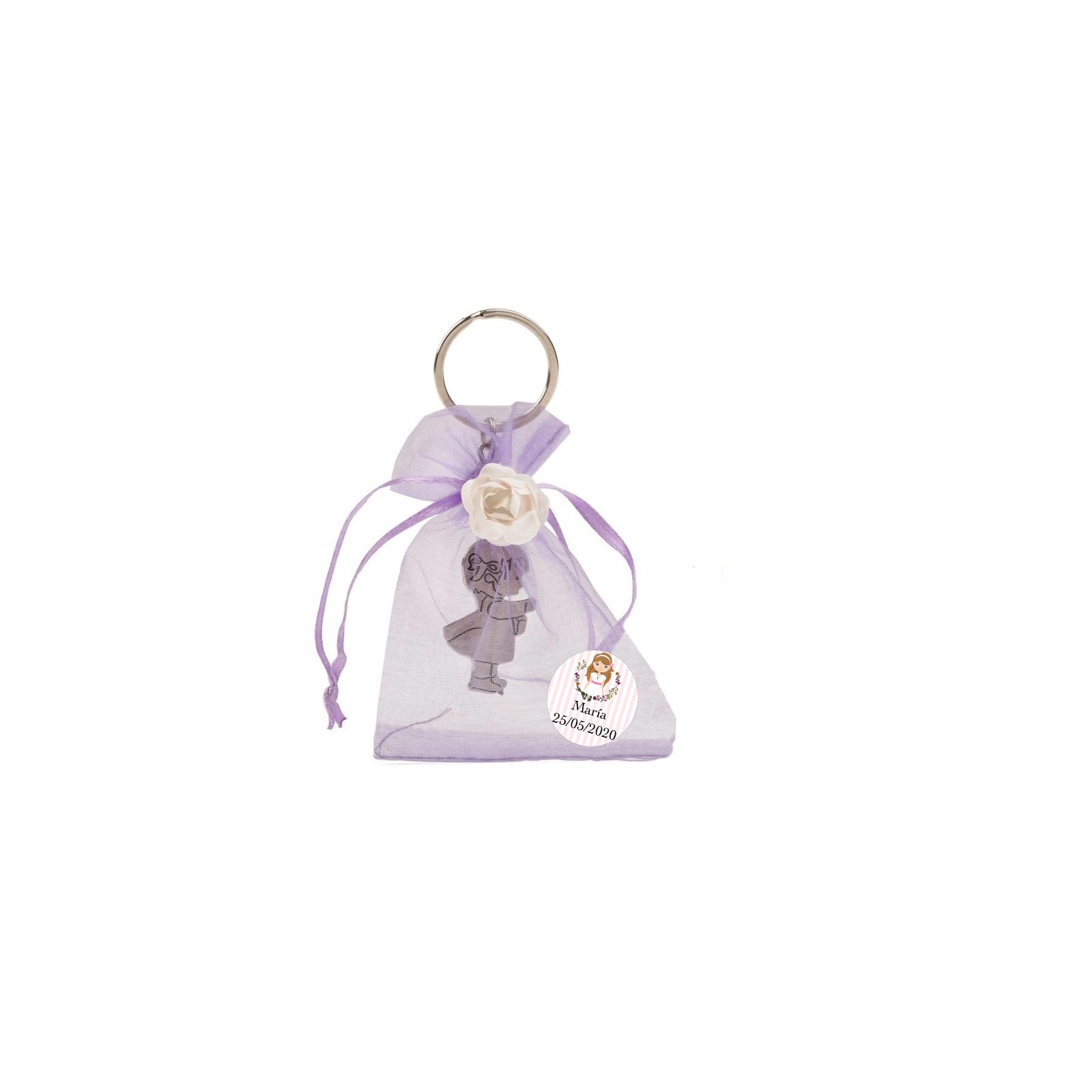 Porte-clés de communion fille dans un sac en organza personnalisé