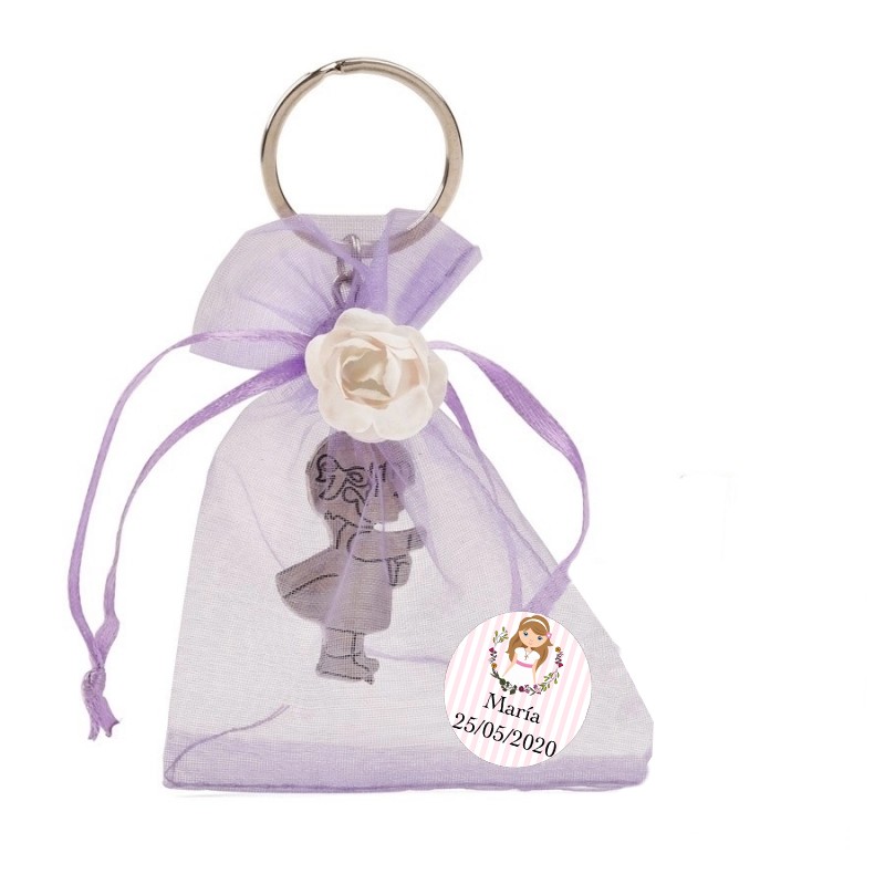 Porte-clés de communion fille dans un sac en organza personnalisé