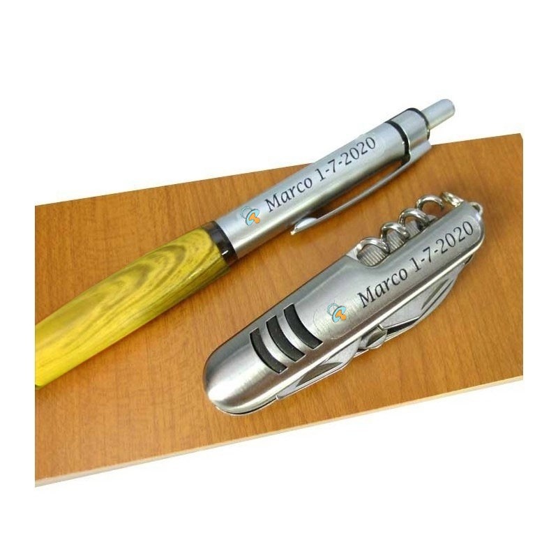 Stylo et couteau personnalisés dans une boîte en bois, cadeaux pour invités de baptême