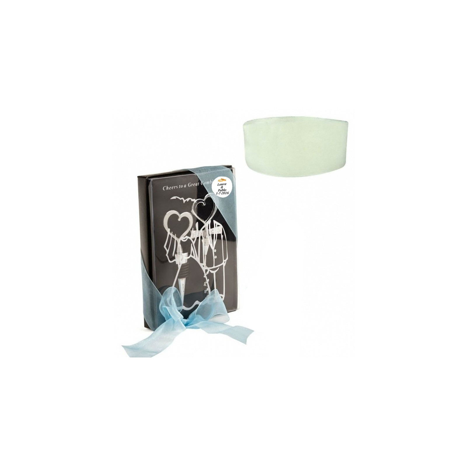 Bouchon et tire-bouchon dans un coffret personnalisé et décoré