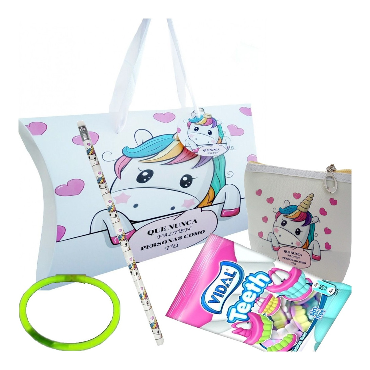 Porte-monnaie bonbons crayon et bracelet dans une boîte de licorne avec des poignées