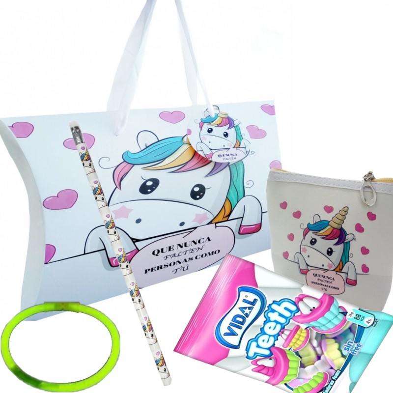 Porte-monnaie bonbons crayon et bracelet dans une boîte de licorne avec des poignées
