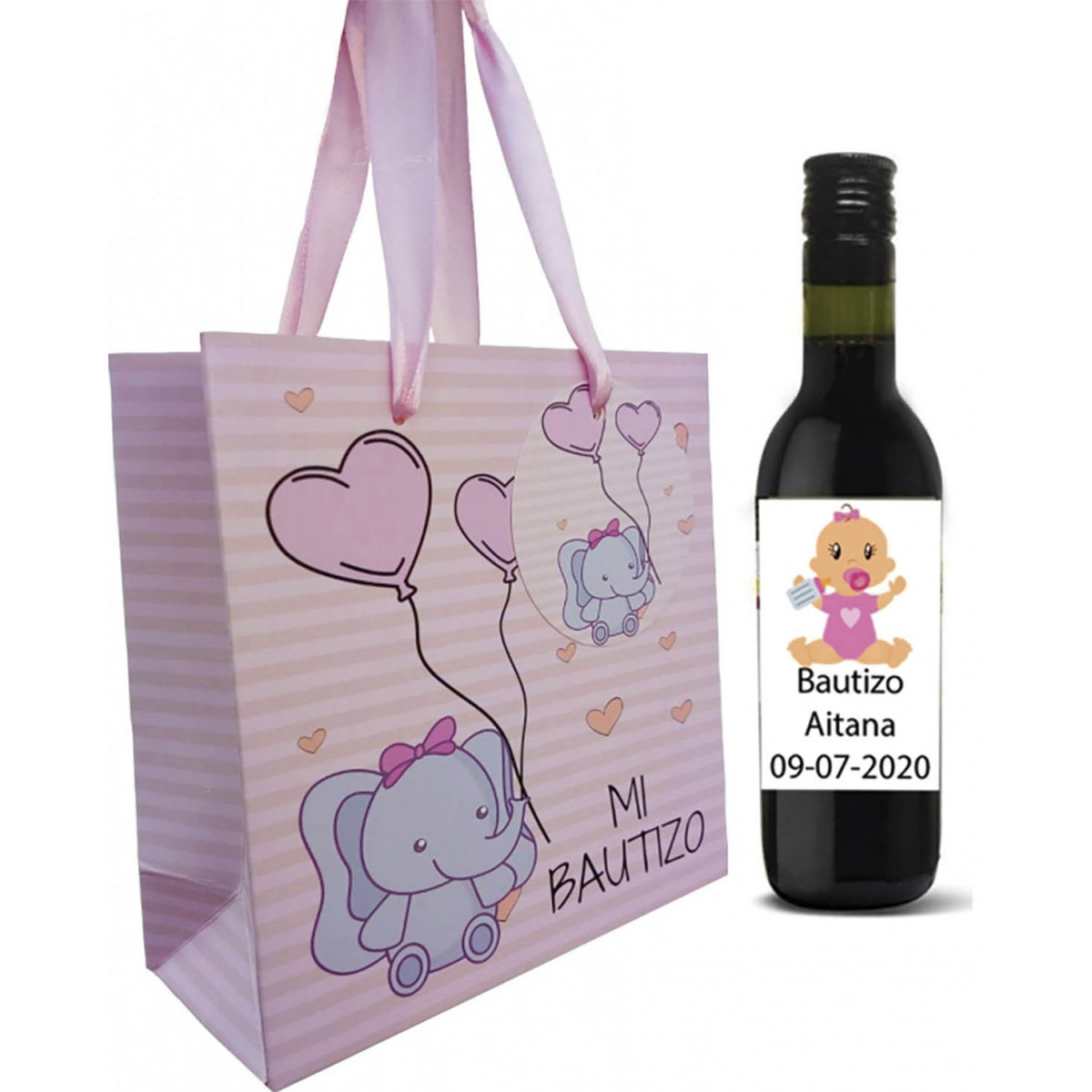 Vin rouge invités baptême avec sac personnalisé