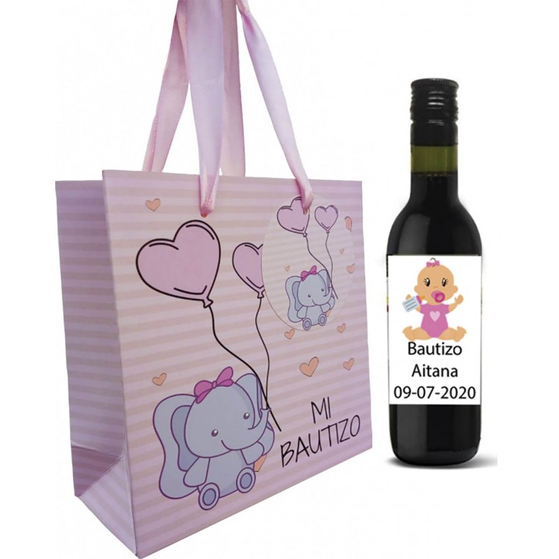 Vin rouge invités baptême avec sac personnalisé