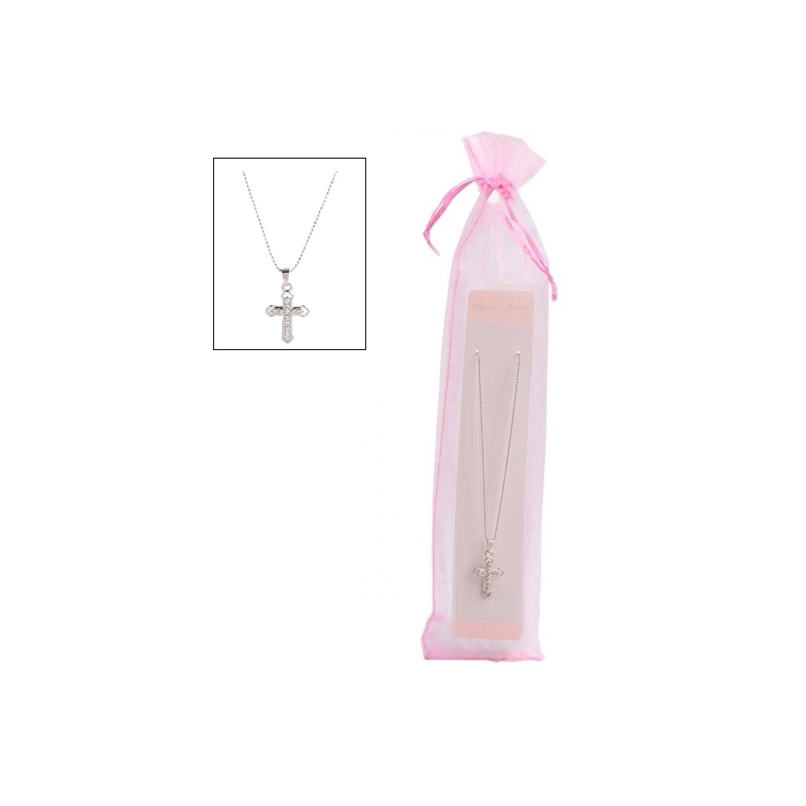 Chaîne avec pendentif croix dans un sachet en organza