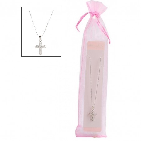 Chaîne avec pendentif croix dans un sachet en organza