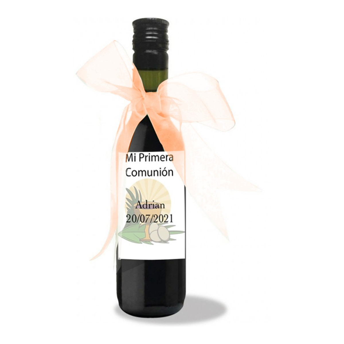 Vin rouge décoré avec un autocollant de communion personnalisé