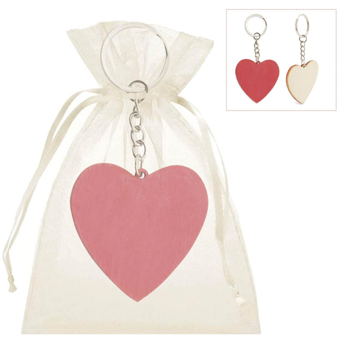 Porte clé coeur en bois dans pochette