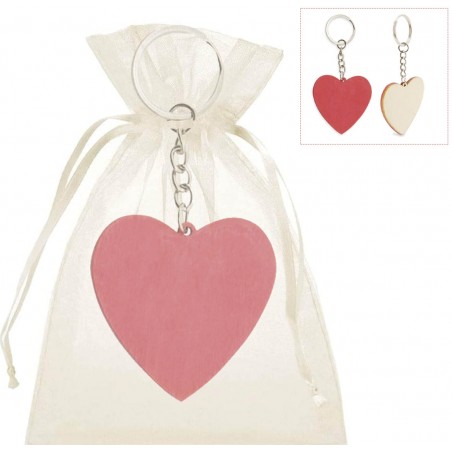 Porte clé coeur en bois dans pochette