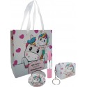 Porte-monnaie miroir et stylo rouge à lèvres dans un sac licorne
