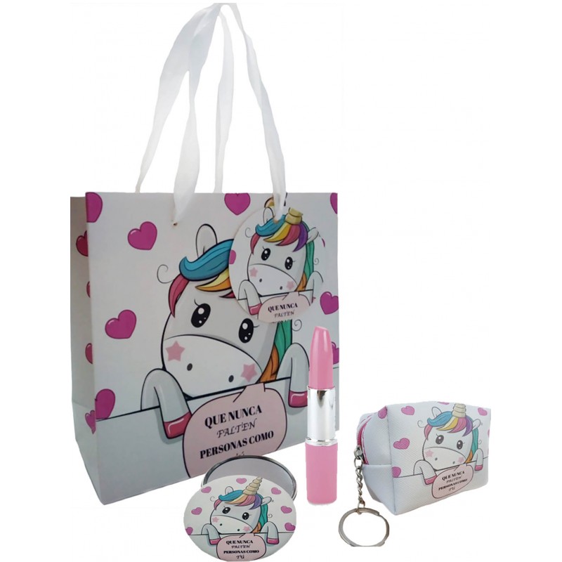 Porte-monnaie miroir et stylo rouge à lèvres dans un sac licorne