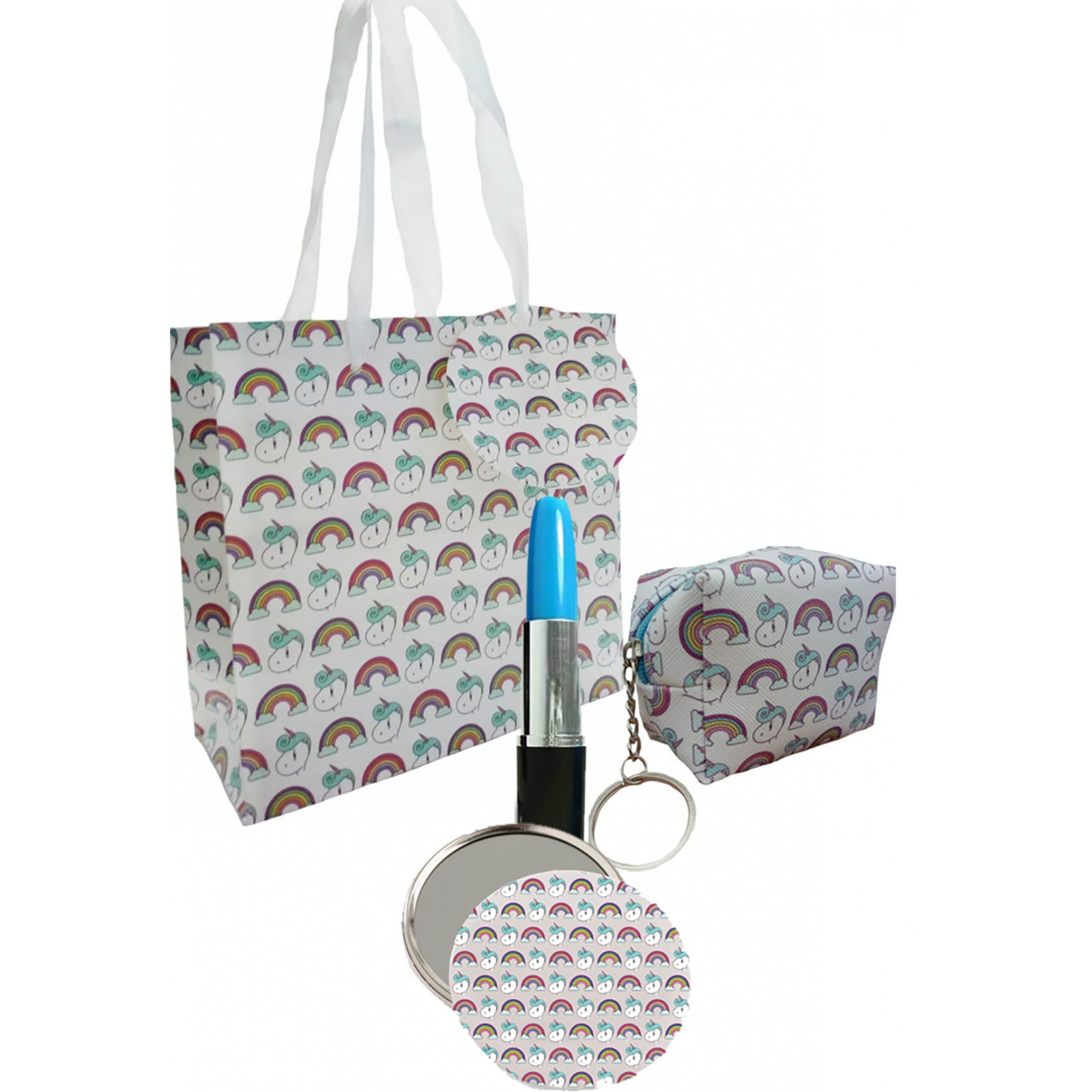 Sac en tissu imprimé de licorne avec stylo rouge à lèvres et porte-monnaie
