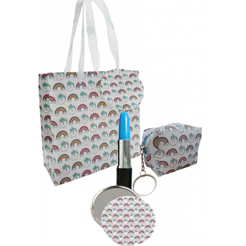 Sac en tissu imprimé de licorne avec stylo rouge à lèvres et porte-monnaie