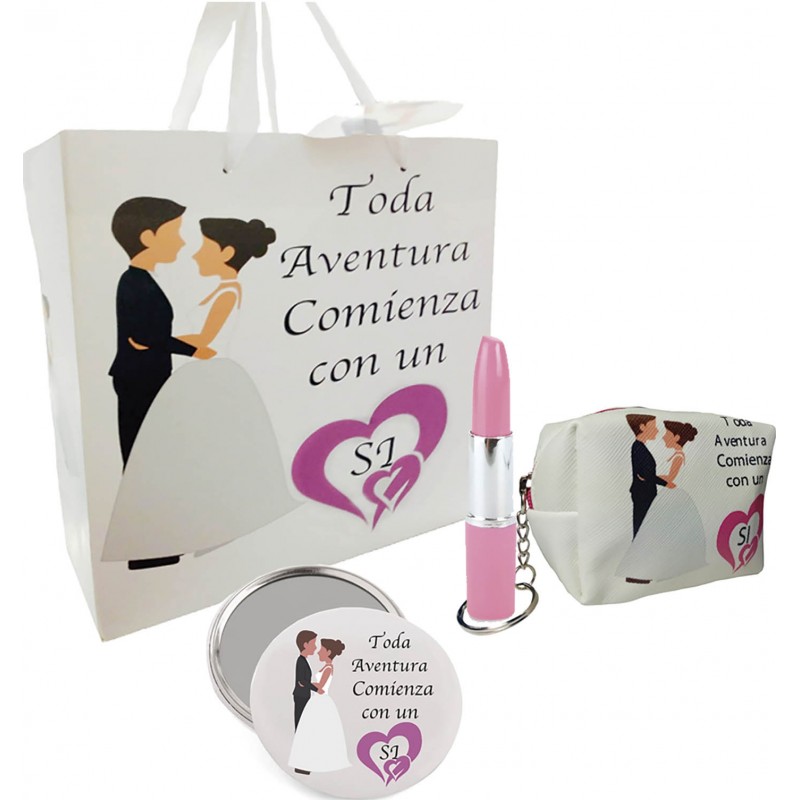 Coffret cadeau dans un sac de mariage avec miroir sac à main et stylo