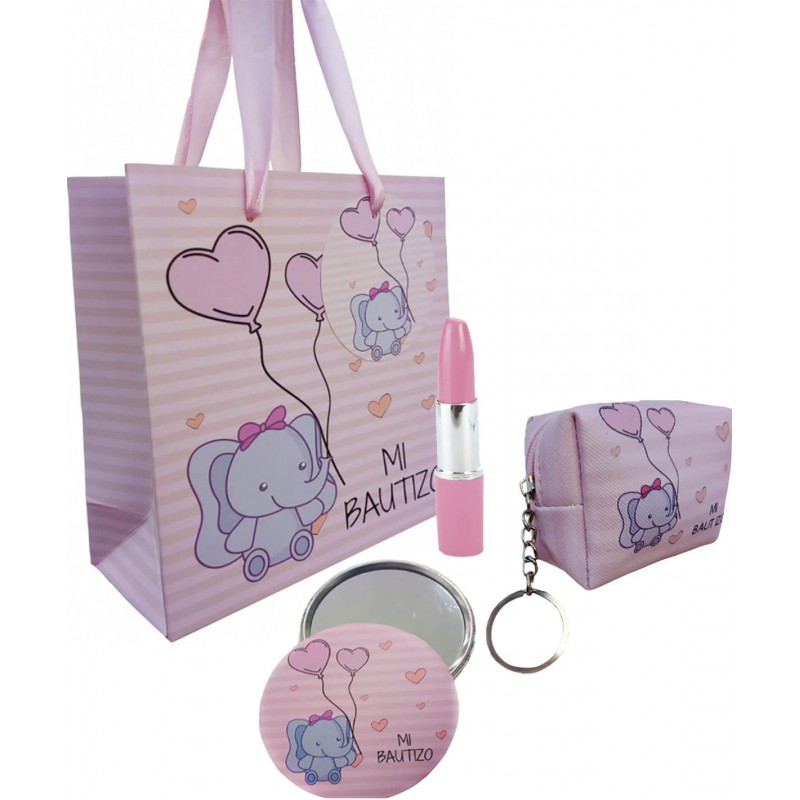 Set spécial de baptême dans un sac avec stylo rouge à lèvres, porte-monnaie et miroir