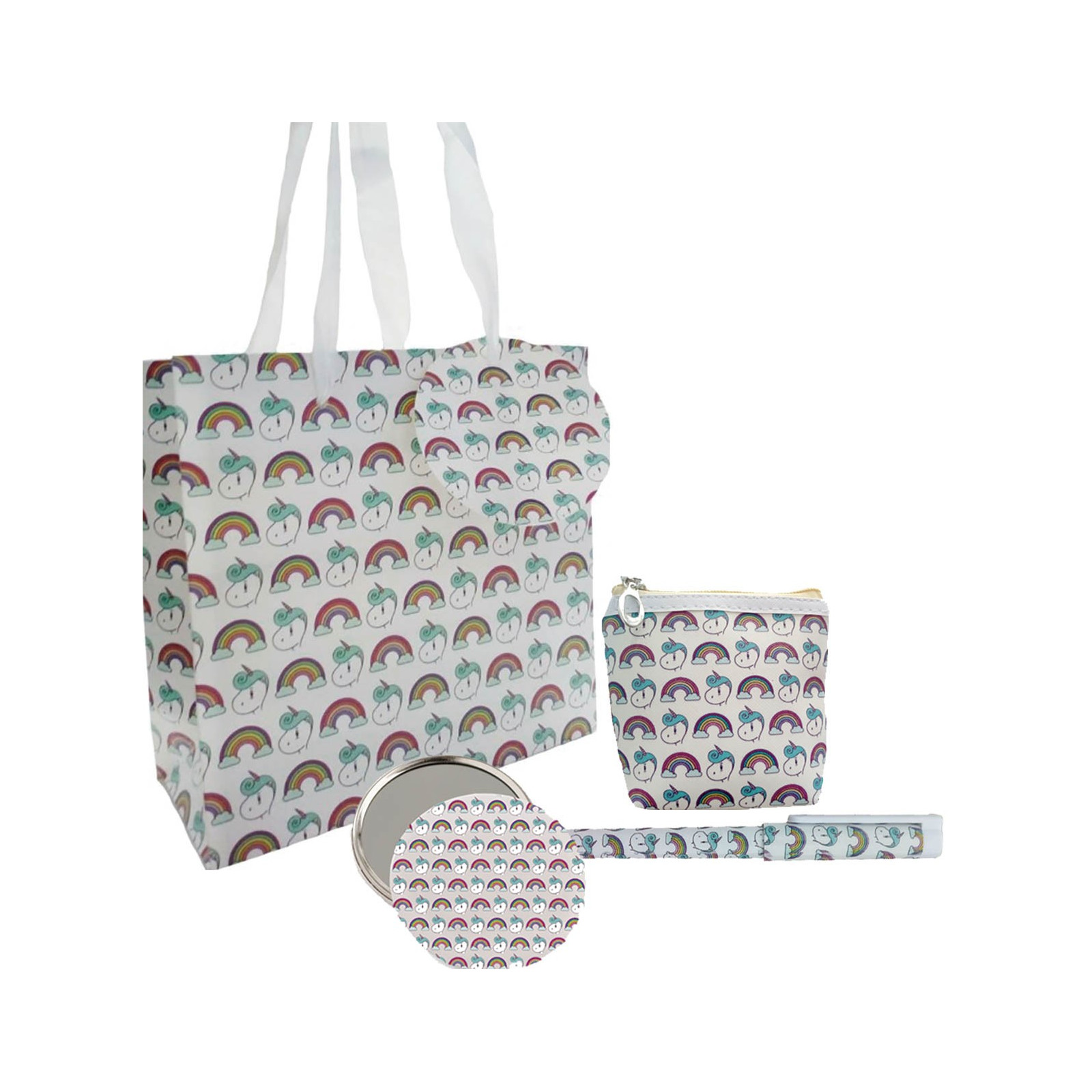 Coffret cadeau dans un sac imprimé licorne avec stylo miroir et sac à main