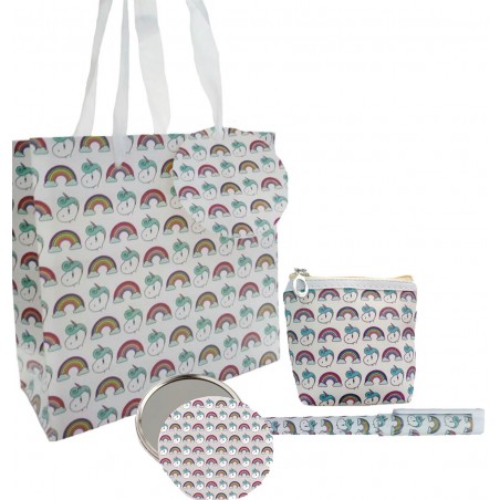 Coffret cadeau dans un sac imprimé licorne avec stylo miroir et sac à main