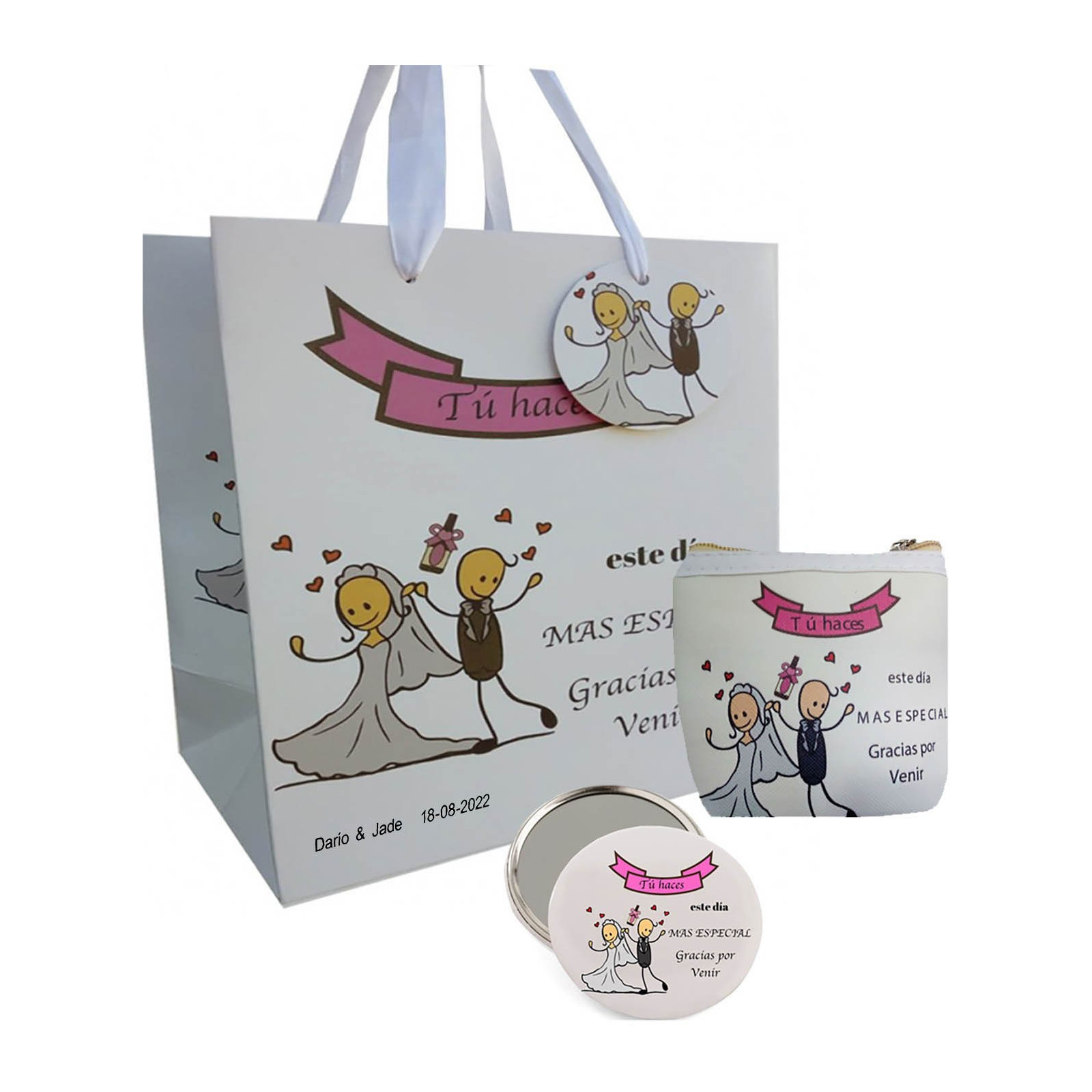 Set cadeau de mariage porte-monnaie miroir et sac personnalisé