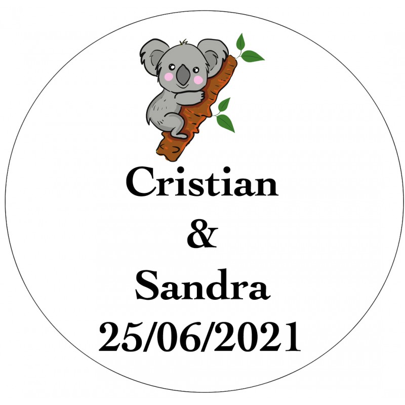 Autocollant de mariage koala personnalisé avec noms et date