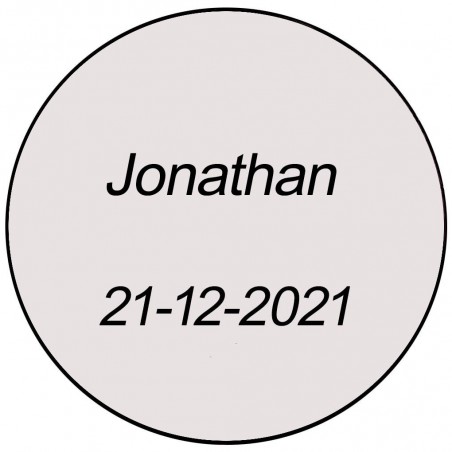 Autocollant transparent rond avec nom et date