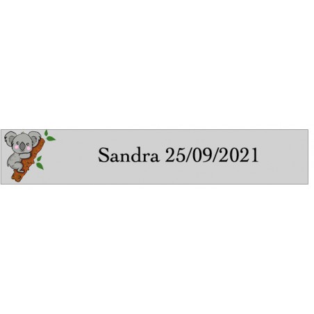 Autocollant koala rectangulaire transparent avec nom et date