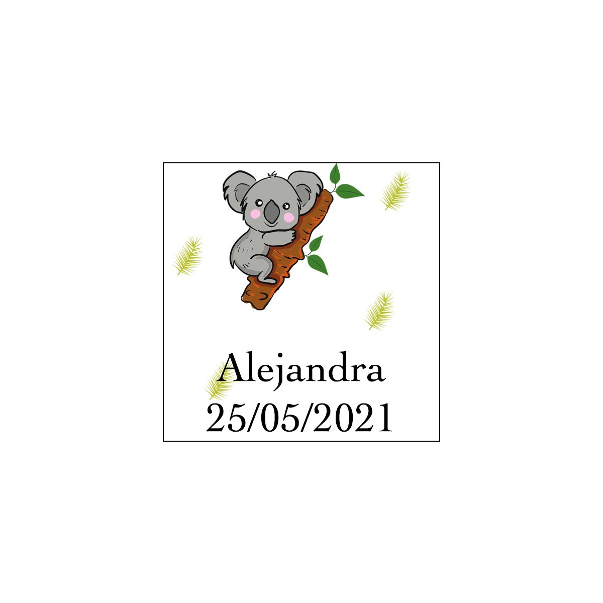 Sticker koala carré à personnaliser avec nom et date