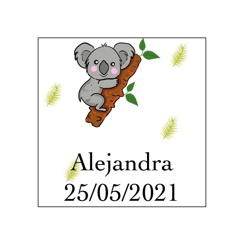 Sticker koala carré à personnaliser avec nom et date