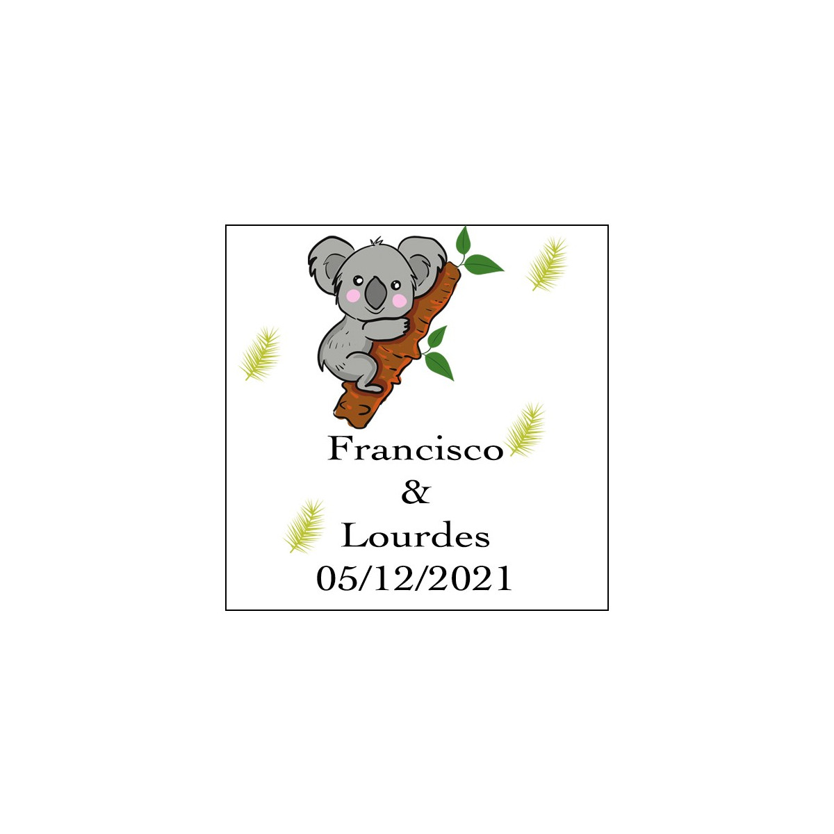 Autocollant carré koala personnalisé pour mariage