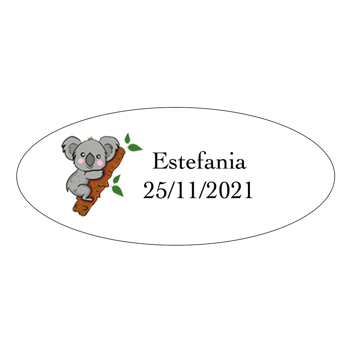 Autocollant koala ovale personnalisé avec nom et date