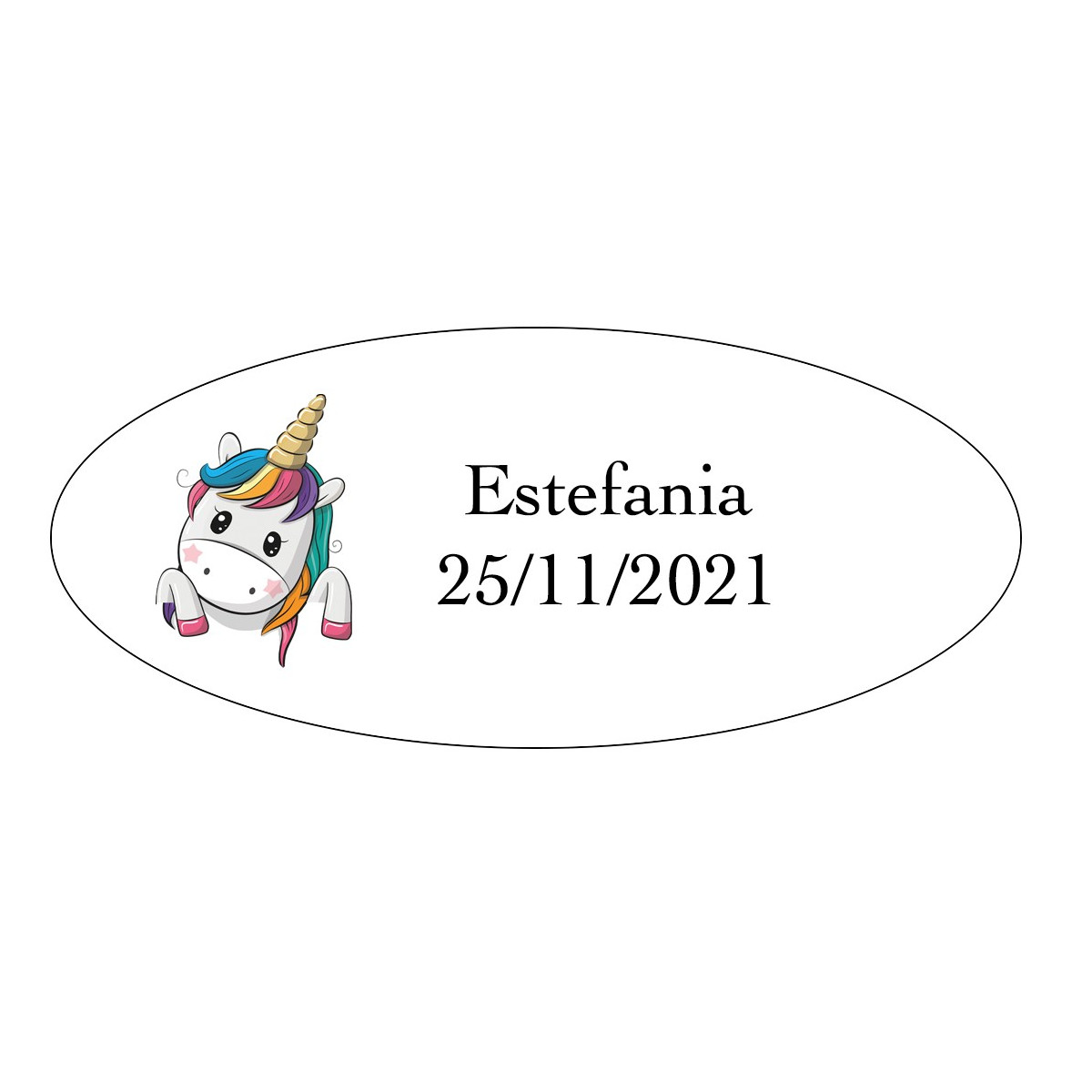 Sticker coeurs licorne ovale personnalisé avec nom et date