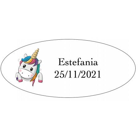 Sticker coeurs licorne ovale personnalisé avec nom et date