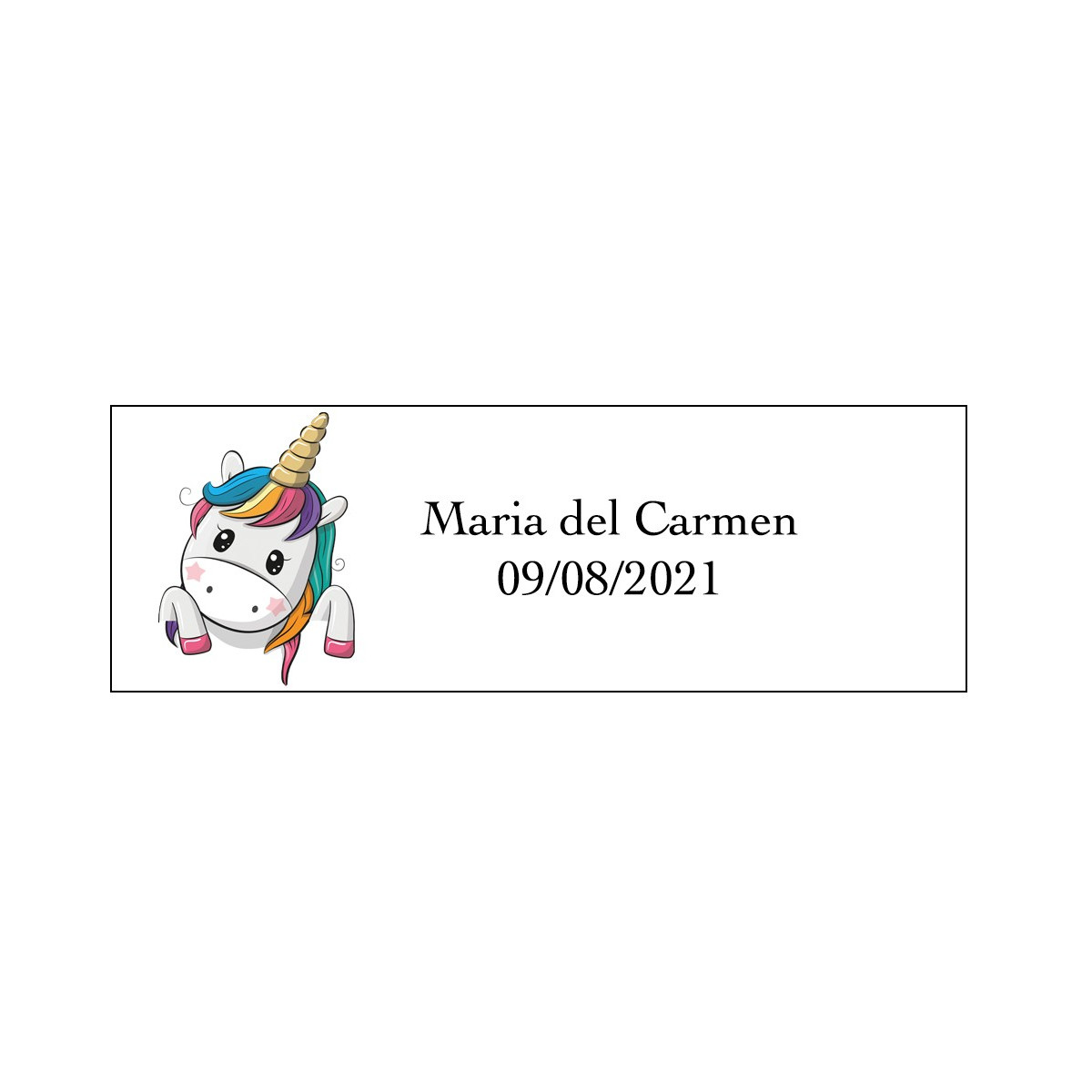 Autocollant licorne cœurs rectangulaire personnalisé avec nom et date
