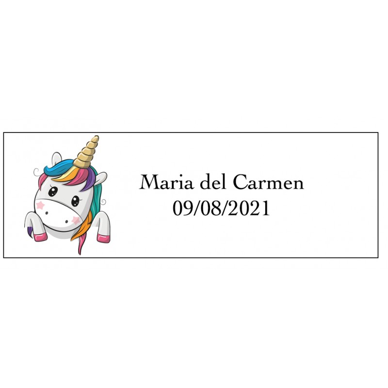 Autocollant licorne cœurs rectangulaire personnalisé avec nom et date