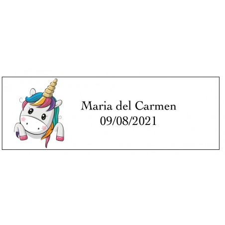 Autocollant licorne cœurs rectangulaire personnalisé avec nom et date